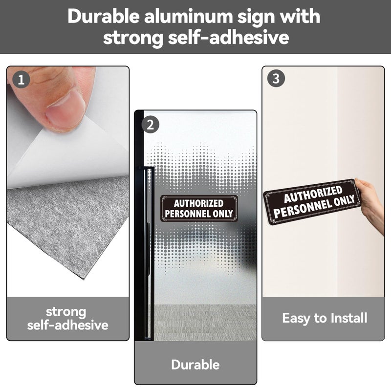 Frohllia 4 Pack Authorized Personnel Only Signs - Heavy Duty Aluminum Authorized Personnel Only Door Sign with Strong Self-adhesive, Weatherproof and Easy to Install (9x3 inches, Black) - Image 2